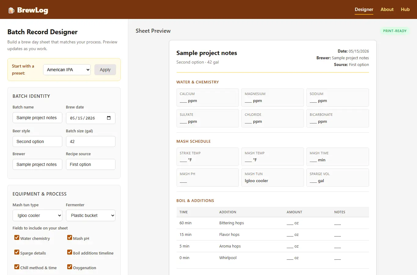 Screenshot of BrewLog: Home Brewing Batch Record Designer interface showing the project page in use